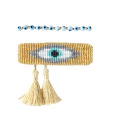 An amulet recognized for it's powers of protection, the evil eye is one of the most ancient symbols in the world. Get a double dose with our tassel bracelet set. Set includes 2 bracelets: 1 - Gold beaded tassel bracelet 2 - Ball bracelet with eye and gold beads Specifications: Adjustable closure - 5 to 9 inches Cuff is 1.25 wide Tassel detail on beaded bracelet SKU #B1002 Bohemian Adjustable Bracelets For Souvenir, Gold Spiritual Friendship Bracelets With Evil Eye, Adjustable Bohemian Bracelets As Souvenirs, Adjustable Bohemian Bracelet Souvenir, Bohemian Friendship Bracelets With Evil Eye, Bohemian Evil Eye Bracelet For Festivals, Adjustable Gold Bohemian Evil Eye Bracelet, Bohemian Gold Resizable Evil Eye Bracelet, Evil Eye Round Beads Friendship Bracelets For Festival