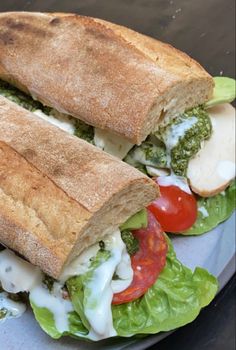 a sandwich cut in half sitting on top of a plate with lettuce and tomatoes