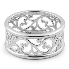 Sterling Silver Vines Band Ring Classic Wide Band Ring In White Gold Sterling Silver, Luxury Silver Filigree Ring In Sterling Silver, Elegant Wide Band Silver Sterling Silver Ring, Elegant Wide Band Silver Ring In Sterling Silver, Elegant Wide Band Silver Sterling Ring, Classic Silver Filigree Ring With Polished Finish, Silver Wide Band Ring With Polished Finish For Anniversary, Elegant Sterling Silver Wide Band Ring For Anniversary, Elegant Silver Wide Band Promise Ring