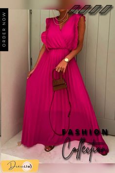 Summer New Elegant Sleeveless V-neck Pleated Dress Ladies Fashion Solid Lace-up Long Dress Women Casual Office Loose Dress Chiffon Long Dress, Solid Maxi Dress, Long Party Dress, Party Dress Women, Purple Maxi Dress, Boho Beach Dress, Dress Women Elegant, Red Dress Maxi, Long Summer Dresses