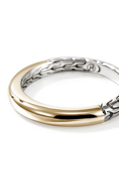 A sleek band design handcrafted from smooth 14-karat gold and engraved sterling silver brings versatile contrast to this ring. Sterling silver/14k gold Imported Luxury Stackable Rings With Thick Band, White Gold Stackable Rings With Polished Finish, Byzantine Jewelry, Nordstrom Jewelry, John Hardy Jewelry, Band Design, Sterling Silver Rings Bands, John Hardy, Silver Band Ring