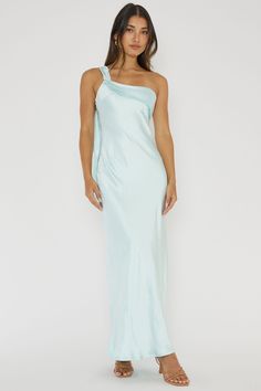 Shop the Carmel One-Shoulder Sash Maxi Dress Ice | Selfie Leslie Selfie Leslie, Ice Dresses, Yellow Bridesmaids, Blue Bridesmaids, Satin Maxi, Date Night Dresses, Dress Satin, Satin Maxi Dress, Mini Dress Casual