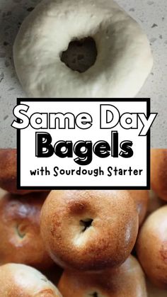 bagels with sourdough starter on top and title saying same day bagels