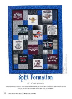 a blue and black quilt with the words split formation on it's front side