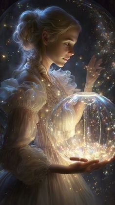 a woman holding a crystal ball in her hands with stars around it and the words,'you are not born to be able