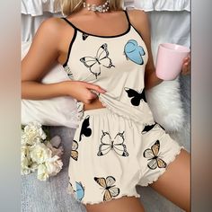 Women's Summer Butterfly Print Sleeveless Pajama Set - Casual Knit Fabric Sleepwear With Shorts And Crew Neck Top New With Tags Cheap Cartoon Print Summer Sleepwear, Casual Camisole Sleepwear For Vacation, White Sleeveless Tank Top For Leisure, Casual Sleeveless Tank Top For Pajama Party, Summer Beige Camisole Sleepwear, Beige Camisole Sleepwear For Summer, White Summer Tank Top For Loungewear, Cute White Pajama Shorts For Vacation, Cute White Vacation Pajama Shorts