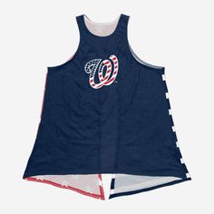 What this Washington Nationals Women's Americana Tie Back Sleeveless Top lacks in sleeves, it more than makes up for in patriotic team pride! Features All-over team-colored design on front so you can rep the team in style Team logo display and team-colored American flag-style wordmark team name display on front, in case there were any doubts where your allegiances lie Reverse side with two team-colored stars and stripes-designed tie-able ends that will look great at every Memorial Day and Fourth American Flag Fashion, Logo Display, Toned Arms, Washington Nationals, Team Name, Colour Star, Team Names, The Team, Unisex Style