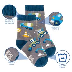 Keep your tot's tootsies toasty and stylish in a pair of Stephen Joseph Toddler Socks. Whether your child is just mastering their first steps, or is keeping you on your toes already, you can rely on the non-slip, non-skid soles to help avoid accidental slips and tumbles. Plus, kids love the colorful designs that add a splash of fun to any outfit. Non-slip toddler socks No-skid rubber traction sole Available Sizes: Small: US 4-6, EU 20-23 • Medium: US 7-9, EU 24-27 Large: US 10-12, EU 28-31 61% c Kids Cooking Set, Recycled Gifts, Holiday Socks, Baby Sun Hat, Baby Spoon, Quilted Backpack, Toddler Socks, Kids Gear, Burp Cloth Set