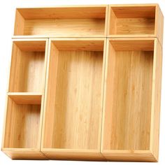 four wooden shelves with compartments on each side