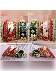 Beautiful Hand Painted Raja Rani Wedding Chuda Set. Embellished With Multi Color Pearls Jhumki All Around On Green Bangle. Heavy Kundan & Stone Work. Made On Acrylic Base. Be An Angel And Create A Splendid Impact On Everyone By Wearing This Gorgeous Design. Wedding Chura, Bridal Chura, Star Bangle, Kundan Work, Wedding Hands, Wear Pearls, Hand Painted Wedding, Bridal Bangles, Bangle Designs