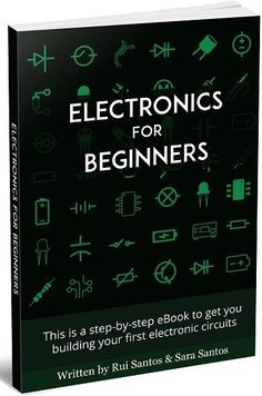 electronics for beginners book cover with green symbols on black background and white lettering