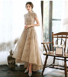 Prom Dress Champagne, Short Sleeve Prom Dresses, High Low Evening Dresses, Prom Dress Lace, High Low Prom Dress, Champagne Evening Dress, High Low Prom Dresses, Dress Champagne, Gaun Fashion