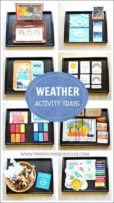 a collage of pictures with the words weather activity trays