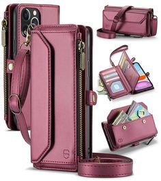 the pink leather wallet phone case is open and has multiple compartments for cards, keys, and