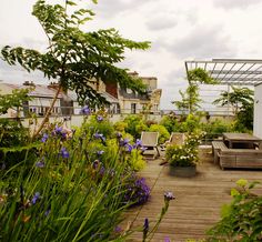 a wooden deck surrounded by lots of flowers and greenery on top of it's roof