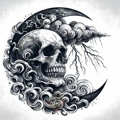 a drawing of a skull with lightning coming out of it's head and clouds