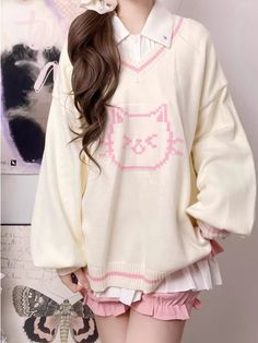 This sweater features a charming V-neck design adorned with delightful kitty patterns, making it irresistibly cute. The fabric is incredibly soft and cozy, ensuring a comfortable wear.  Please note that the price includes only the sweater.   	 		 			Size 			S 			M 			L 		 		 			Length 			62 			68 			72 		 		 			Bust 			120 			124 			128 		 		 			Sleeve Length 			49 			50 			51 Cute V-neck Fall Sweater, Cute V-neck Knitted Sweater, Cute V-neck Sweater, Cute Knitted V-neck Sweater, Cute Cat Design Tops For Winter, Cute V-neck Knit Sweater, Cute Winter Tops With Cat Design, Cute Cat Design Top For Winter, Cute Knit V-neck Sweater