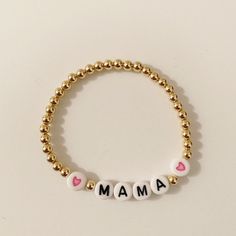 This is the perfect gift for a new mom, your best friend or yourself! This listing is for one custom made 14k gold filled 4mm custom beaded Mama bracelet. If you choose this listing, it will include the pink hearts, blue heart, red hearts or black hearts Beads are 14k gold filled so they should not tarnish or peel. Please allow 2 weeks for this item to ship. To measure wrist size, I suggest you measure the actual size of your wrist and add 1/2 inch so it fits comfortably. If you need the size ad Custom Name Adjustable 14k Gold Jewelry, Mother's Day Name Bracelet With Letter Beads, Handmade 14k Gold-filled Beaded Bracelets As Gift, Customizable Adjustable 14k Gold Name Bracelet, Minimalist Personalized Jewelry With Round Beads, Customizable 14k Gold Adjustable Name Bracelet, 14k Gold Adjustable Name Bracelet For Personalized Gift, Customized Dainty Name Bracelet For Mother's Day, Personalized 14k Gold Bracelets For Mother's Day