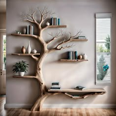 a wooden tree shelf with books and vases on it in the corner of a room