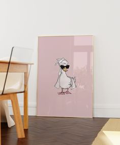 a pink poster with a bird wearing sunglasses and a bandana on it's head