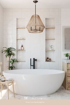 a large white bath tub sitting next to a wooden shelf filled with potted plants