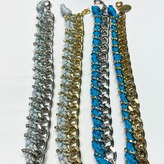 New Handmade Silk Cotton Thread Braided Chain Bracelet. Rhinestone Trim. Beautiful Color. Extender Chain To Be Worn For A Tighter Or Looser Fit. New Never Worn. Color Choices Are Light Blue With Silver, Light Blue With Gold, Aqua Blue With Silver Or Aqua Blue With Gold Silver Chain Bracelet With Chain Strap, Adjustable Blue Chain Bracelet For Party, Trendy Blue Bracelets With Adjustable Chain, Elegant Blue Metal Chain Bracelet, Elegant Silver Bracelet With Chain Strap, Party Metal Bracelets With Chain Strap, Adjustable Silver Bracelets With Chain Strap, Adjustable Blue Metal Chain Bracelet, Adjustable Chain Strap Bracelets For Party