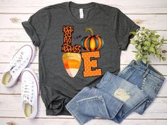 Fall in love with these fun t-shirts! - Bella+Canvas unisex t-shirt - Fit is true to ladies sizing Candy Corn Pumpkins, Fall Love, Funny Thanksgiving Shirts, Gift For Friend, Love Shirt, Men T Shirt, Y2k Aesthetic, Candy Corn, Fall Shirts