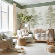 a baby's room decorated in neutral colors