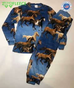 Made in Brooklyn, NY These are Horse PJ's for children. Kids always enjoy these fleecy PJ's plus they look super cute in them.  This fabric is exceptionally effective at keeping you warm and lightweight. The dual surface system with a tough outer layer allows for warm air to stay inside. Layering is essential to cold weather protection. The fabric is smooth and extremely soft.  100% Machine Washable - There is no shrinkage with polar fleece Polar Fleece is 100% Polyester Happy Holiday Blue Winter Sleepwear For Pajama Party, Cozy Blue Sleepwear For Sleepovers, Blue Winter Bedtime Sets, Blue Bedtime Sets For Winter, Cozy Fit Fleece Sleepwear For Sleepover, Cozy Blue Loungewear Set, Blue Onesie For Winter Sleepover, Blue Winter Onesie For Sleepover, Blue Winter Onesie For Sleepovers