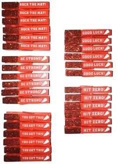 six red stickers that say rock the mat, rock the mat and hit zero