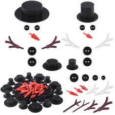 the contents of a hat and buttons are shown in this image, including black plastic