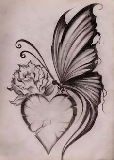 a drawing of a heart with a butterfly on it and a rose in the middle