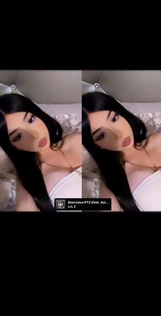 two pictures of a woman with long black hair laying on a bed and looking at the camera