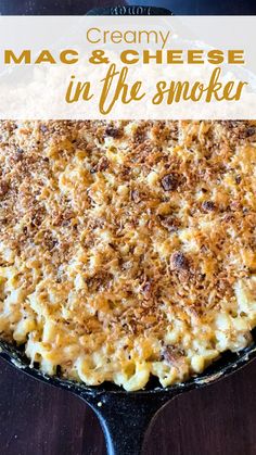 a baked macaroni and cheese casserole in a cast iron skillet