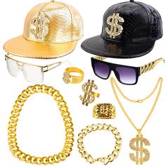 PRICES MAY VARY. ★【80s 90s Rapper Accessories】- Our 80s 90s accessories outfit includes 2pcs dollar sign hip hop hat, 1pcs dollar pendant faux gold chain, 1pcs 35 inch fake gold plastic chain, 1pcs faux gold bracelet, 1pcs faux gold dollar sign finger ring, 1pcs kanji gold plated ring, 1pcs faux gold rapper ring, 2pcs unisex hip hop sunglasses. our funny rapper costume set for your 80s/ 90s dress up and they are great prop for a costume or specific outfit. ★【Faux Plastic Gold Necklace】- The rapp Affordable Hip Hop Beanie Hat, Punk Style Gold Jewelry For Streetwear, Gold Metal Jewelry For Costume Party, Gold Adjustable Costume Accessories For Costume Party, Gold Adjustable Costume Accessories For Party, Adjustable Gold Costume Accessories For Festivals, Novelty Plastic Costume Accessories For Party, Novelty Party Costume Accessories Made Of Plastic, Gold Halloween Party Jewelry