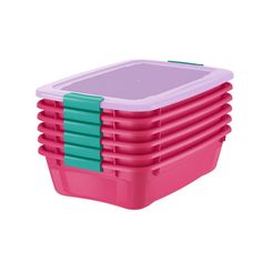 a stack of pink and green plastic containers