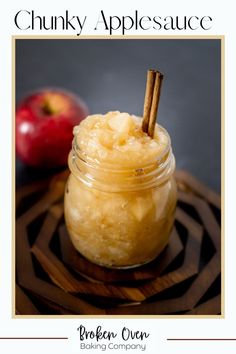 an apple pie in a glass jar with cinnamon stick sticking out of it and the words quick & easy how to make apple pie