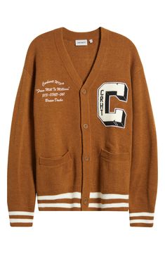 The appliquéd and embroidered varsity graphics on this midweight cardigan give a shout-out to the Brown Ducks and everyone else who gets things done. 28" length (size Medium) Front button closure V-neck Long sleeves Dropped shoulders Ribbed cuffs and hem Front patch pockets 80% acrylic, 20% nylon Machine wash, dry flat Imported Casual Fall Outerwear With Letter Patch, College Style Cotton Outerwear With Graphic Print, College Style Cotton Outerwear With Embroidered Logo, Casual Varsity Jacket With Embroidered Logo For Spring, Casual Winter Cardigan For College, Varsity Style Cotton Outerwear With Embroidered Graphics, Casual Varsity Jacket With Embroidered Patch, Collegiate Cardigan For College In Fall, Collegiate Fall Cardigan For College