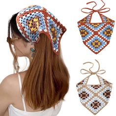 the woman is wearing three different pieces of crocheted hair ties and two bandannas