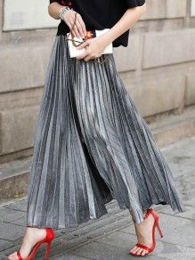 Silber Plissee Elastische Taille High Waist Party Maxirock Damen Lang Faltenrock Pleated Skirt Long, Metallic Pleated Skirt, Long Skirt Summer, Silver Skirt, Gold Skirt, Pleated Long Skirt