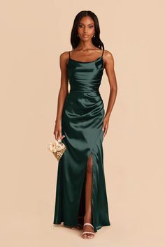 This satin cowl neck bridesmaid dress with ultra-glam ruching is ready for her day in the sun. Available in Emerald. A modern mermaid skirt and cool cowl neck join forces to bring you Lydia: a showstopping bridesmaid dress for a glamorous wedding. | Emerald Bridesmaid Dress Shiny Satin Size 2X | Birdy Grey Lydia