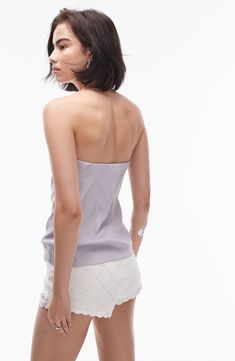 Whether you're headed for a night out or meeting friends for brunch, you'll love rocking this sleek strapless top made from slinky satin and cut in a longline silhouette. Strapless 100% viscose Machine wash, line dry Imported Chic Strapless Tube Top For Brunch, Glamorous Summer Tube Top With Spaghetti Straps, Elegant Summer Tube Top For Brunch, Glamorous Tube Top With Spaghetti Straps For Summer, Stretch Satin Tank Top For Summer, Chic Bandeau Tube Top For Brunch, Stretch Strapless Camisole For Party, Bandeau Tube Top For Brunch, Strapless Tops For Date Night In Spring