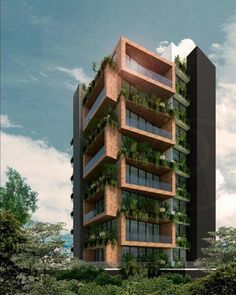 an artist's rendering of a tall building with plants growing on the balconies