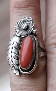 Handmade Native American Sterling Silver and Coral Ring Size 6 1/2 #BlackHills #StatementEarrings #HoopEarrings #NativeAmerican #CuffBracelet #TurquoiseRing #ChristmasGift #BagueTurquoise #BestFriendGift #BohemianJewelry Vintage Rings With Large Stone For Collectible, Vintage Rings With Large Stone For Collectors, Vintage Collectible Rings With Large Stone, Vintage Handmade Ring Jewelry, Handmade Vintage Ring Jewelry, Vintage Sterling Silver Rings With Large Stone, Vintage Silver Ring With Large Stone, Vintage Sterling Silver Ring With Large Stone, Handmade Vintage Style Ring