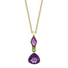 This lovely pendant has such a fun spirit! Fancy shaped colorful gemstones make this striking necklace a "must have!" A large, gorgeous pear shaped amethyst is suspended from a bright oval peridot and unusual "lozenge shaped" amethyst for a dramatic, one-of-a-kind look! This necklace would be a gorgeous addition to any fine jewelry collection. 18k yellow gold chain included. Our ring, A-097, is a perfect complement to this necklace; see picture #5 for reference. 18k yellow gold chain measures 18 Amethyst And Peridot, Gold Drop Necklace, Sapphire Diamond Pendant, Neck Pieces Jewelry, Colorful Gemstones, Fancy Jewelry Necklace, Amethyst Studs, Drop Pendant Necklace, Amethyst Jewelry