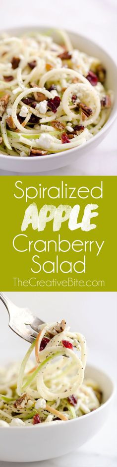 an apple cranberry salad is served in a white bowl