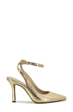 An embellished ankle strap secures this pointy-toe pump lifted on a stiletto heel. 3 1/2" heel Leather or synthetic upper/synthetic lining/rubber sole Imported Gold Slingback Pumps With Ankle Strap And 4-inch Heel, Gold Slingback Pumps With Sculpted Heel And Ankle Strap, Gold Slingback Pumps With Ankle Strap And Padded Heel, Gold Slingback Pumps With Ankle Strap, Gold Ankle Strap Slingback Pumps With Padded Heel, Gold Slingback Pumps With Wrapped Heel And Ankle Strap, Gold Ankle Strap Slingback Pumps With Wrapped Heel, Gold Ankle Strap Slingback Pumps, Closed Toe Pump With 4-inch Heel For Party