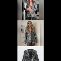 Collarless Blazer With Long Sleeves And Shoulder Pads. Sequin Appliqus. Front False Welt Pockets. Front Closure With Metal Hook. Chic Metallic Blazer For Evening, Chic Metallic Evening Blazer, Chic Fitted Metallic Blazer, Fitted Metallic Blazer For Night Out, Elegant Metallic Blazer For Night Out, Elegant Metallic Long Sleeve Blazer, Fitted Silver Blazer For Evening, Glamorous Metallic Formal Outerwear, Chic Long Sleeve Metallic Blazer