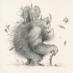 a drawing of a furry animal with trees on its back and leaves flying around it