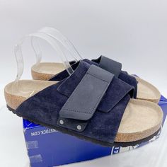 Birkenstock Kyoto Sandal Midnight Suede Leather Eu 44 Mens Us 11- 11.5 Regular/ Wide Condition: New Without Box Blue Leather Slide Sandals, Casual Blue Leather Slides, Blue Leather Footbed Slip-on Slides, Blue Leather Footbed Sandals With Removable Insole, Blue Leather Footbed Sandals, Blue Leather Footbed Sandals With Round Toe, Blue Suede Sandals With Leather Footbed, Navy Round Toe Sandals With Cushioned Footbed, Blue Leather Slides With Textured Footbed